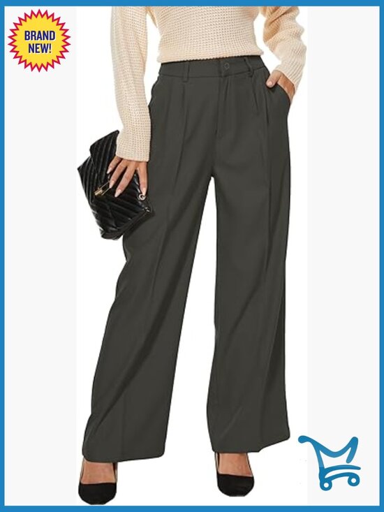 Pants - Women Wide Leg High Waist Pleated Front Trousers Work Casual Pants Elastic Back
